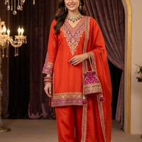 AFC Royal Orange Silk Suit — Pure Silk Kurta with Zari Aari Work & Organza Dupatta