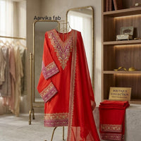 AFC Royal Orange Silk Suit — Pure Silk Kurta with Zari Aari Work & Organza Dupatta