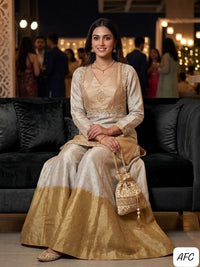 Aarvika Fab Collection | Soft Silver & Champagne Gold Tissue Gharara Set