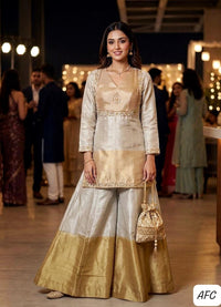 Aarvika Fab Collection | Soft Silver & Champagne Gold Tissue Gharara Set