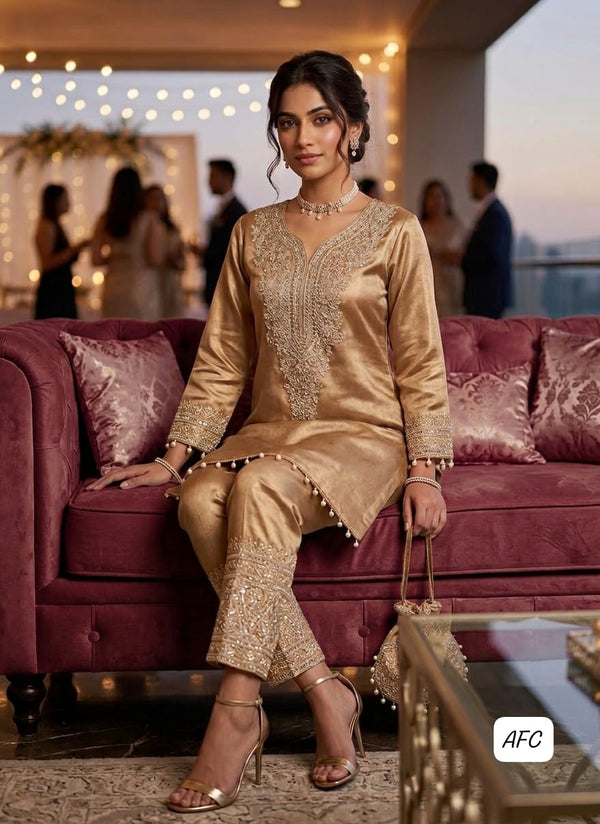 AFC Royal Collection – Pure Sheen Giraffe Tissue Embroidered Coord Set with Potli