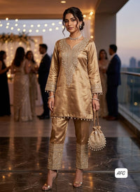AFC Royal Collection – Pure Sheen Giraffe Tissue Embroidered Coord Set with Potli