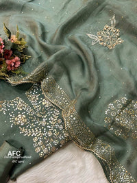 Aarvika Fab | Mukaish & Pitta Work Burberry Tissue Organza Unstitched Suit
