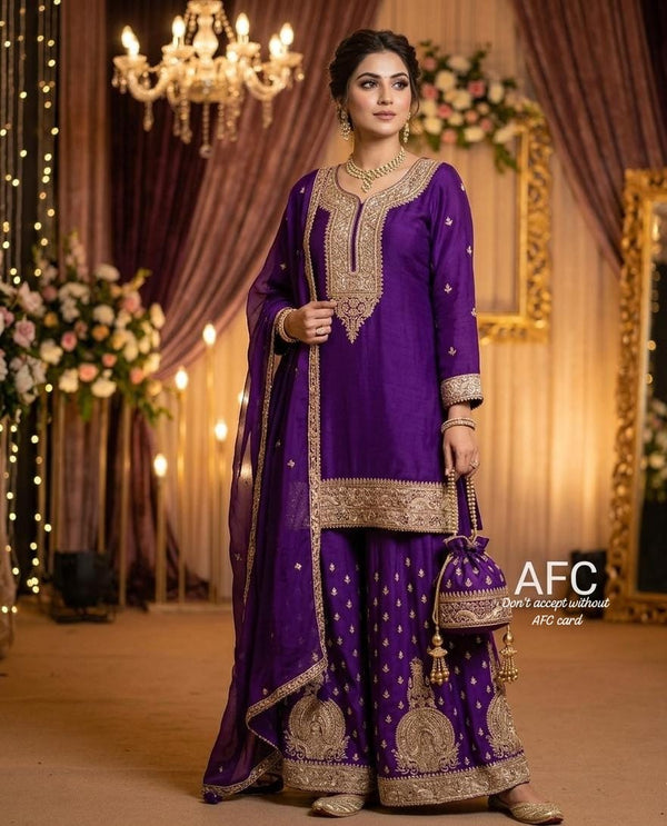 Royal Collection | Pure Chinnon Garara Set with Zari & Dabka Embroidery
