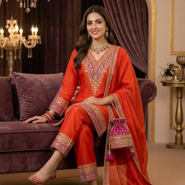 AFC Royal Orange Silk Suit — Pure Silk Kurta with Zari Aari Work & Organza Dupatta