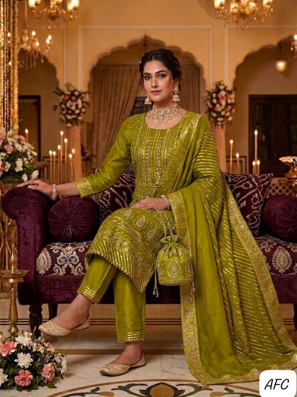 Royal Collection | Olive Green Pure Georgette Lucknowi Embroidery Suit (Unstitched)
