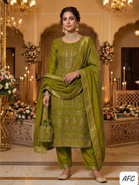 Royal Collection | Olive Green Pure Georgette Lucknowi Embroidery Suit (Unstitched)