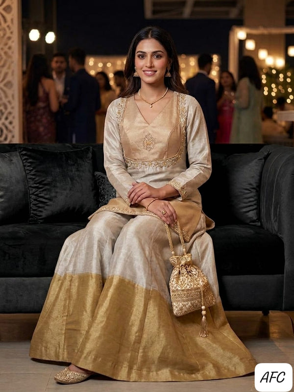 Aarvika Fab Collection | Soft Silver & Champagne Gold Tissue Gharara Set