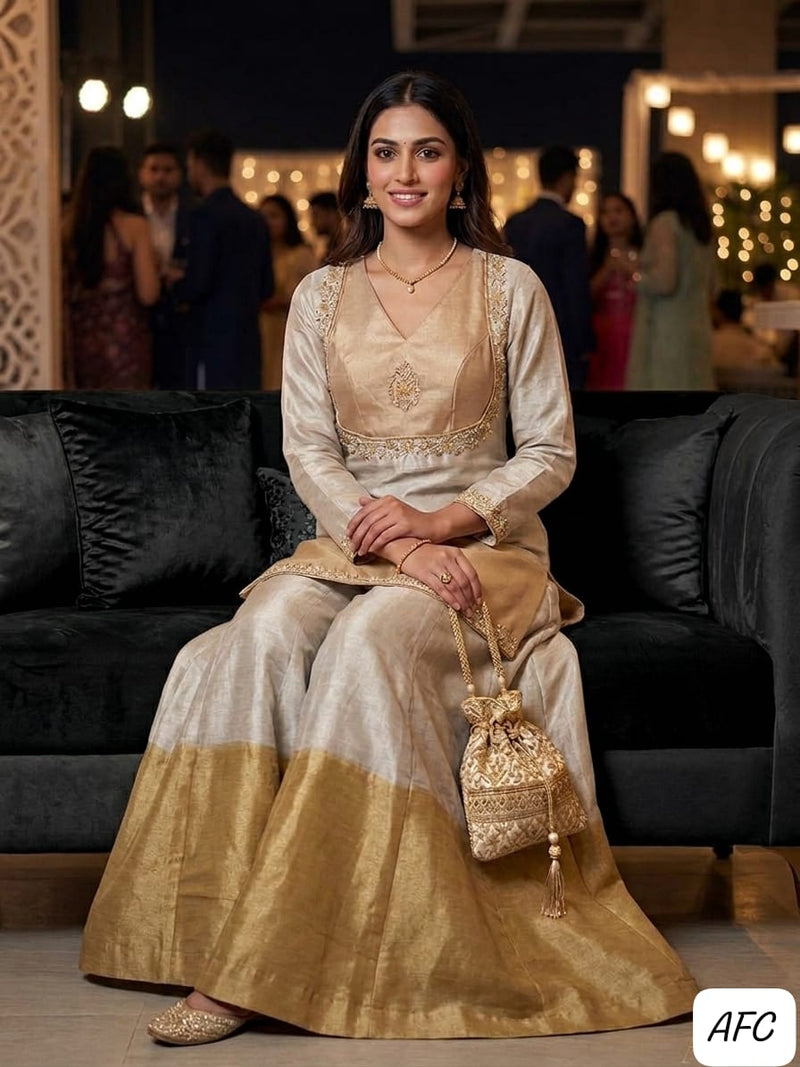 Aarvika Fab Collection | Soft Silver & Champagne Gold Tissue Gharara Set