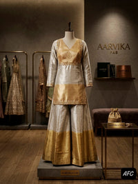 Aarvika Fab Collection | Soft Silver & Champagne Gold Tissue Gharara Set