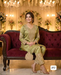 AFC Royal Collection – Pure Sheen Giraffe Tissue Embroidered Coord Set with Potli
