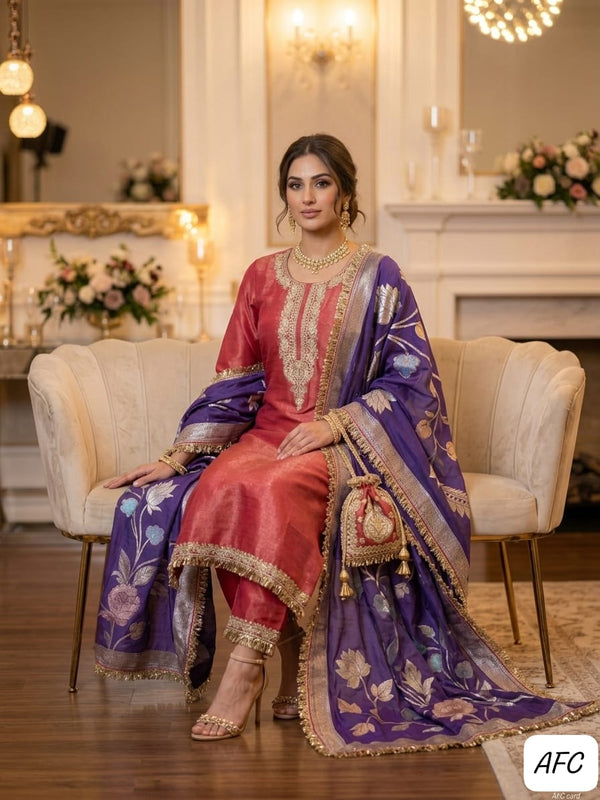 Wine Purple & Maroon Shimmer Tissue Silk Suit with Banarasi Organza Dupatta