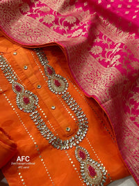 Upada Silk Suit with Kundan & Mukaish Embroidery, Banarasi Dola Silk Dupatta