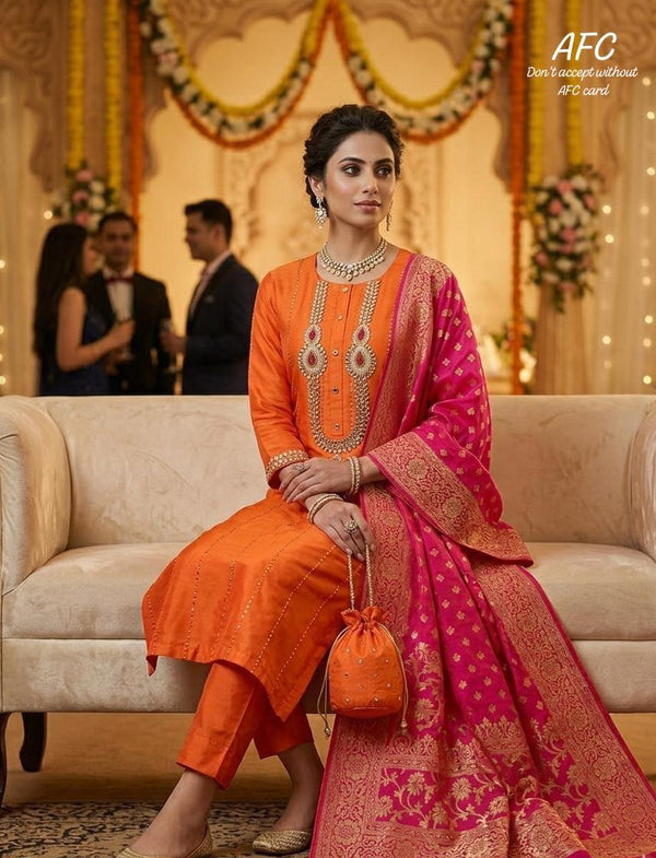Upada Silk Suit with Kundan & Mukaish Embroidery, Banarasi Dola Silk Dupatta