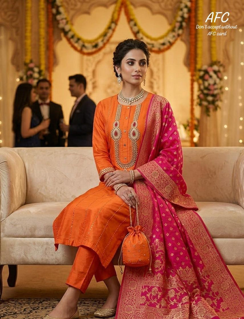 Upada Silk Suit with Kundan & Mukaish Embroidery, Banarasi Dola Silk Dupatta